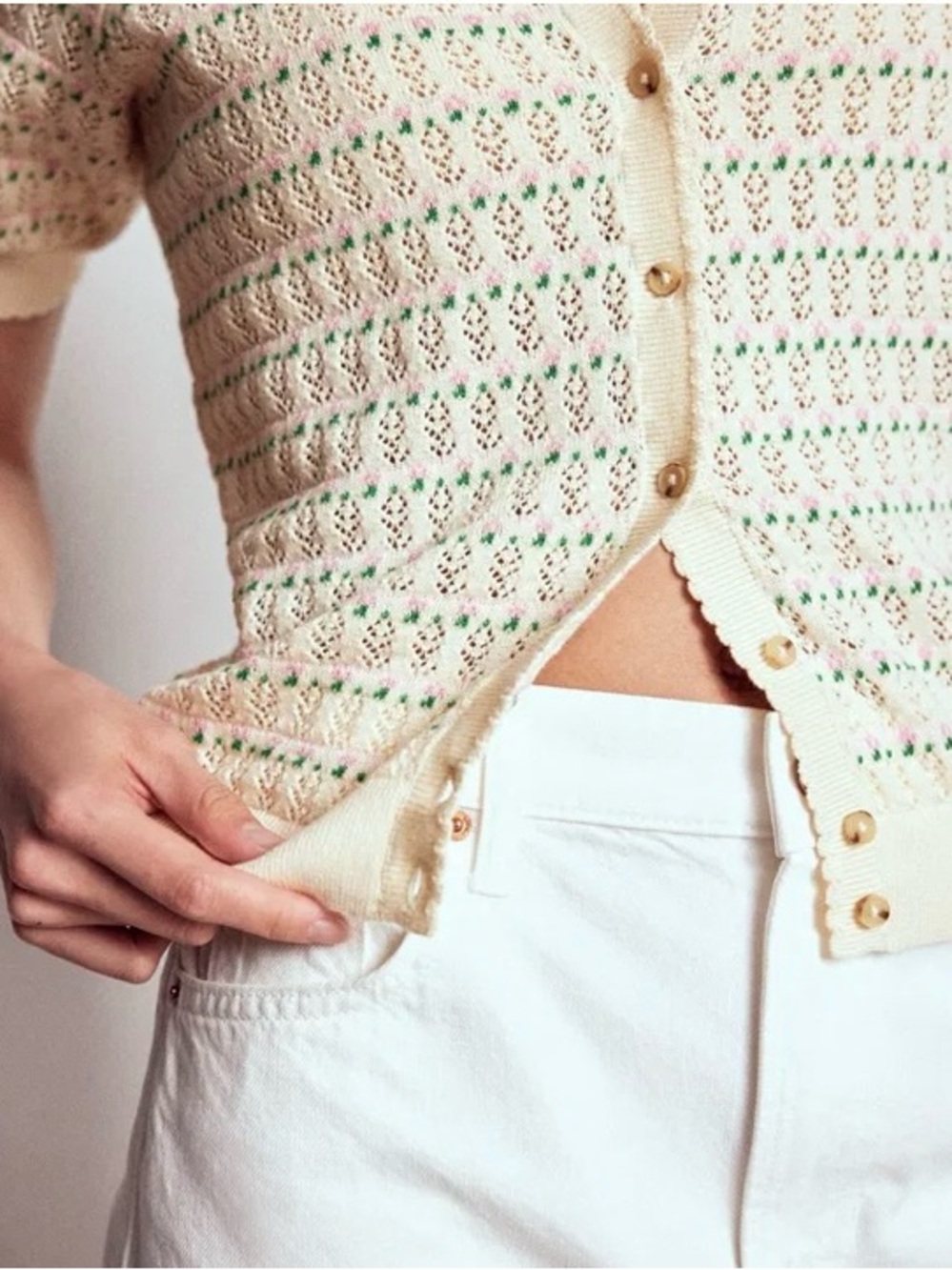 Boden Dot Pointelle Cardigan XL Cream Pink Green Cotton Puff Sleeve Sweater - Picture 4 of 15